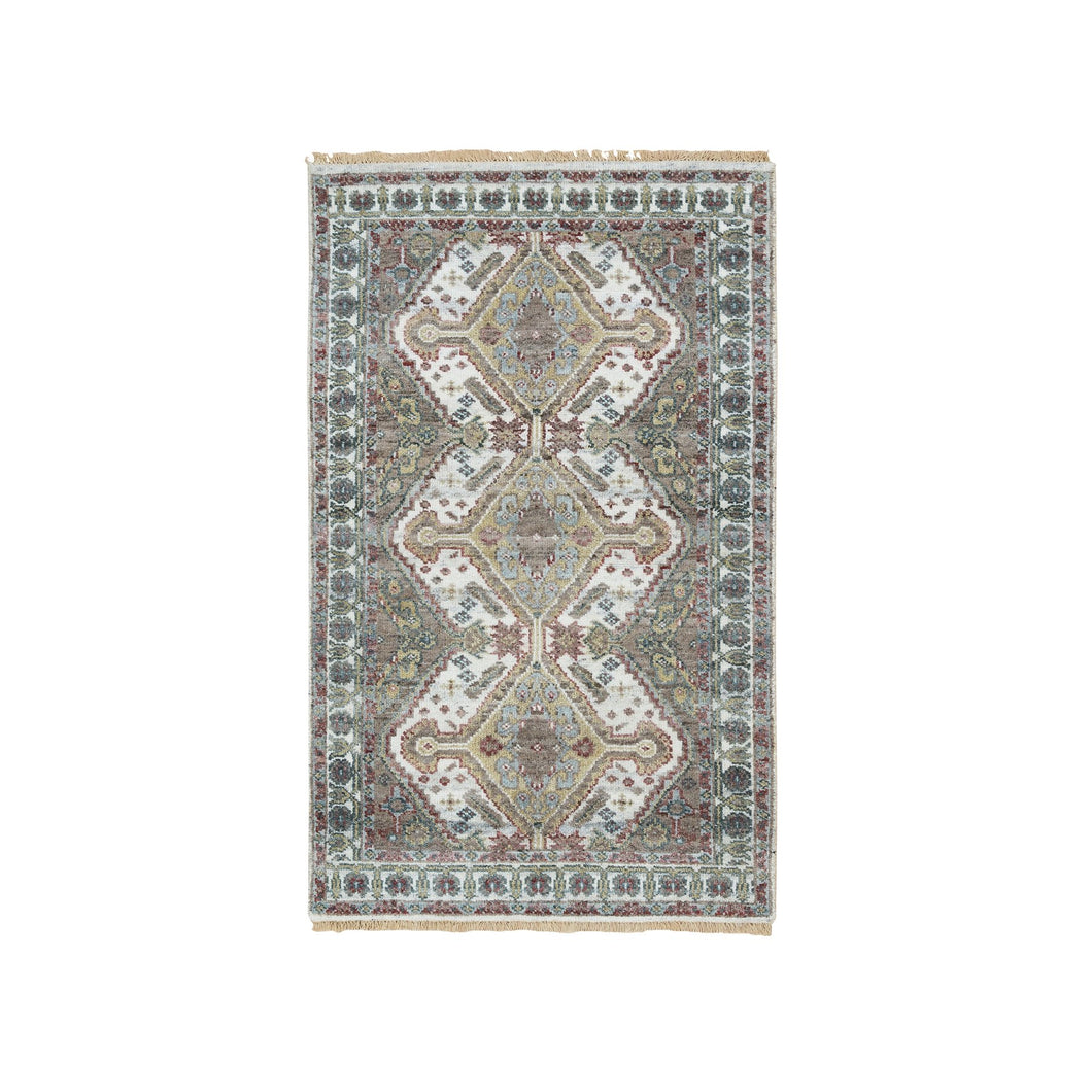 3'x5' Ivory, Unique Flower Rosettes Border, Shiraz Reimagined Design, Soft and Vibrant Pile, 100% Wool, Hand Knotted, Sustainable Oriental Rug FWR393480