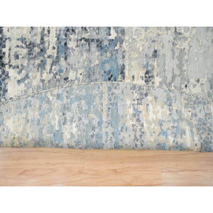 11'6"x11'6" Blue and Gray, Natural Dyes, Tone on Tone, Modern Abstract with Mosaic Design, Wool and Silk Hand Knotted, Dense Weave, Round Oriental Rug FWR393810