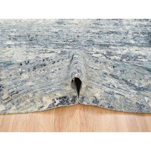 11'6"x11'6" Blue and Gray, Natural Dyes, Tone on Tone, Modern Abstract with Mosaic Design, Wool and Silk Hand Knotted, Dense Weave, Round Oriental Rug FWR393810