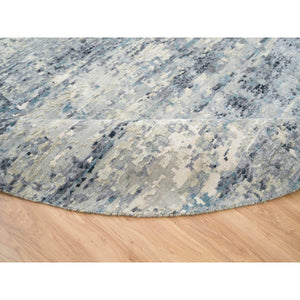 11'6"x11'6" Blue and Gray, Natural Dyes, Tone on Tone, Modern Abstract with Mosaic Design, Wool and Silk Hand Knotted, Dense Weave, Round Oriental Rug FWR393810