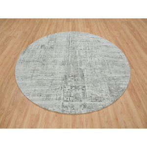 8'1"x8'1" Light Gray, Hand Spun Undyed Natural Wool, Modern Design, Hand Knotted, Round Oriental Rug FWR393882