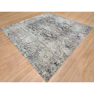 11'9"x12'3" Gray, Transitional Persian Influence Erased Medallion Design, Silk with Textured Wool, Hand Knotted, Square Oriental Rug FWR394134