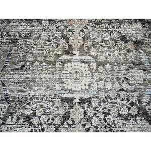 11'9"x12'3" Gray, Transitional Persian Influence Erased Medallion Design, Silk with Textured Wool, Hand Knotted, Square Oriental Rug FWR394134