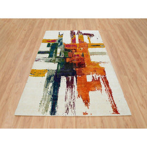 5'10"x9'1" Colorful, Wool and Sari Silk, Modern Design Abstract Motifs with Painter's Brush Strokes, Hand Knotted Oriental Rug FWR394146