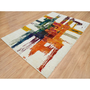 5'10"x9'1" Colorful, Wool and Sari Silk, Modern Design Abstract Motifs with Painter's Brush Strokes, Hand Knotted Oriental Rug FWR394146