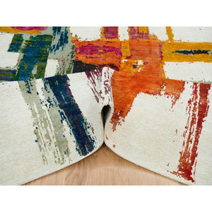 5'10"x9'1" Colorful, Wool and Sari Silk, Modern Design Abstract Motifs with Painter's Brush Strokes, Hand Knotted Oriental Rug FWR394146