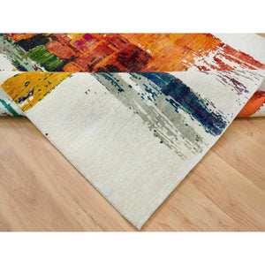 5'10"x9'1" Colorful, Wool and Sari Silk, Modern Design Abstract Motifs with Painter's Brush Strokes, Hand Knotted Oriental Rug FWR394146