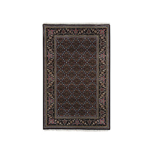 3'x5'2" Eerie Black, Hand Knotted, 175 KPSI, Tabriz Mahi with All Over Fish Design, 100% Wool, Oriental Rug FWR394848