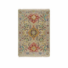 Load image into Gallery viewer, 2&#39;x3&#39; Khaki, Hand Knotted, The Sunset Rosettes with Soft Colors, Wool and Pure Silk, Mat Oriental Rug FWR395310