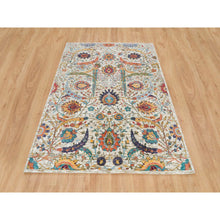 Load image into Gallery viewer, 5&#39;3&quot;x7&#39;2&quot; Tan Color, Sickle Leaf Design, Silk with Textured Wool, Hand Knotted, Oriental Rug FWR395466