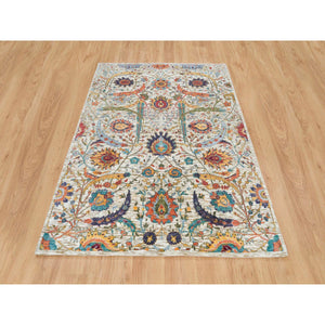 5'3"x7'2" Tan Color, Sickle Leaf Design, Silk with Textured Wool, Hand Knotted, Oriental Rug FWR395466