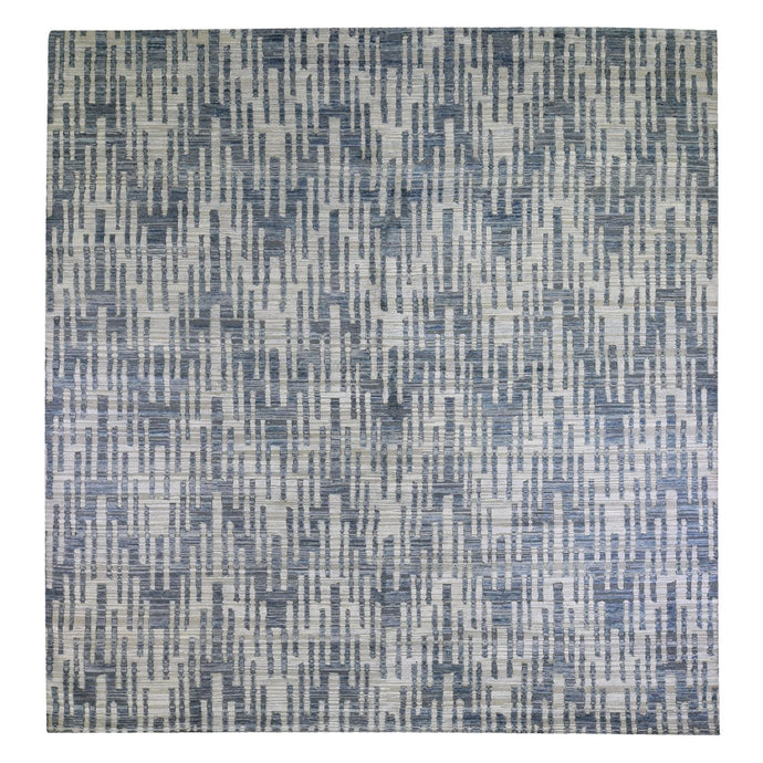 12'x12' Blue Pure Silk and Textured Wool Square Zigzag with Graph Design Hand Knotted Oriental Rug FWR398316