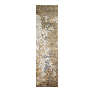 2'6"x10' Brown Abstract Design Wool and Silk Hi-Low Pile Denser Weave Hand Knotted Runner Oriental Rug FWR399024