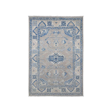 Load image into Gallery viewer, 4&#39;x5&#39;8&quot; Gray and Blue Vintage Look Kazak Geometric Design Hand Knotted Natural Wool Oriental Rug FWR399492