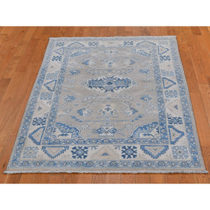 4'x5'8" Gray and Blue Vintage Look Kazak Geometric Design Hand Knotted Natural Wool Oriental Rug FWR399492