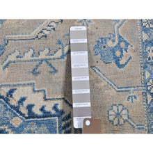 Load image into Gallery viewer, 4&#39;x5&#39;8&quot; Gray and Blue Vintage Look Kazak Geometric Design Hand Knotted Natural Wool Oriental Rug FWR399492