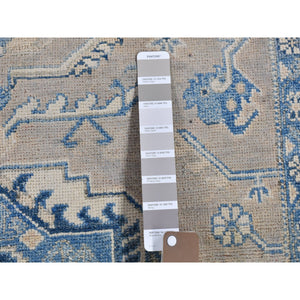 4'x5'8" Gray and Blue Vintage Look Kazak Geometric Design Hand Knotted Natural Wool Oriental Rug FWR399492