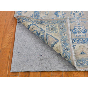 4'x5'8" Gray and Blue Vintage Look Kazak Geometric Design Hand Knotted Natural Wool Oriental Rug FWR399492