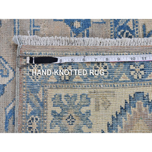 4'x5'8" Gray and Blue Vintage Look Kazak Geometric Design Hand Knotted Natural Wool Oriental Rug FWR399492