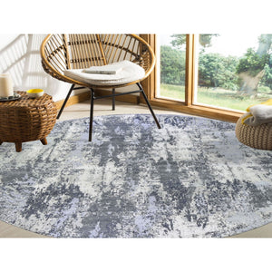 12'1"x12'1" Abstract Design Wool and Silk Round Denser Weave Charcoal Gray Persian Knot Hand Knotted Oriental Rug FWR400398