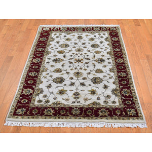 4'x6' Ivory Rajasthan Half Wool and Half Silk Floral Design Thick and Plush Hand Knotted Oriental Rug FWR400674