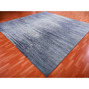 10'1"x10'1" Pure Wool Horizontal Ombre Design Blue Oceanic Hand Knotted Square Oriental Rug FWR401112