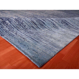 10'1"x10'1" Pure Wool Horizontal Ombre Design Blue Oceanic Hand Knotted Square Oriental Rug FWR401112