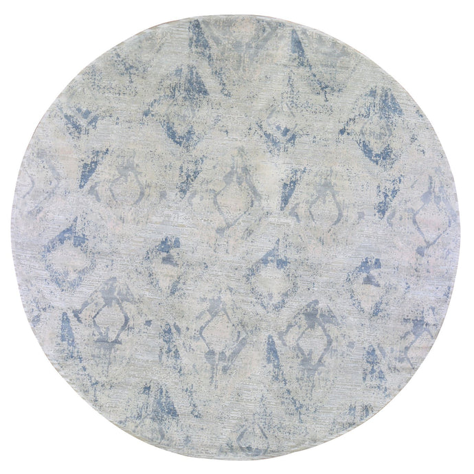 12'x12' Hand Knotted Ivory Large Elements with Pastels Silk with Textured Wool Modern Round Oriental Rug FWR401202