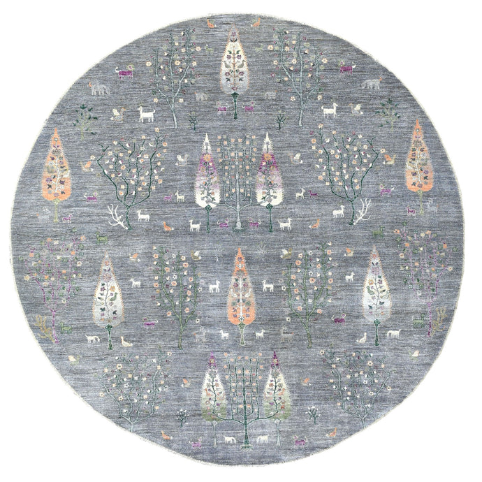 12'x12' Gray Peshawar Folk Art Willow and Cypress Tree Design Hand Knotted Borderless Round Oriental Rug FWR402954