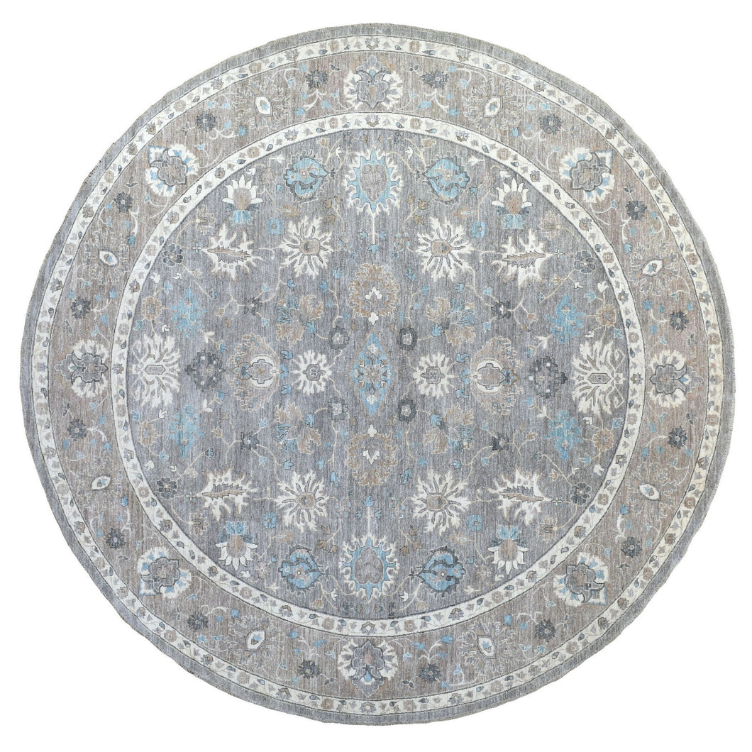 12'x12' All New Hand Knotted Soft Velvety Wool Fine Peshawar Silver Gray With Floral Motifs Oriental Round Rug FWR405396