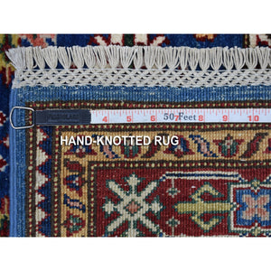 2'6"x8'8" Denim Blue Super Kazak Tribal Design With Soft, Natural Wool Hand Knotted Oriental Rug FWR405924