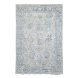 5'10"x8'9" Ivory with Soft Colors Pure Wool Angora Oushak with Leaf Design Hand Knotted Oriental Rug FWR410178