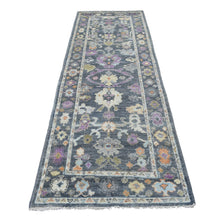 Load image into Gallery viewer, 3&#39;3&quot;x10&#39; Hand Knotted Charcoal Black Angora Oushak with Colorful Motifs Organic Wool Oriental Wide Runner Rug FWR413382