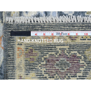 3'3"x10' Hand Knotted Charcoal Black Angora Oushak with Colorful Motifs Organic Wool Oriental Wide Runner Rug FWR413382