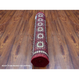 2'6"x4'10" Rich Red Soft Wool Hand Knotted Mori Bokara with Geometric Medallions Design Oriental Rug FWR416616