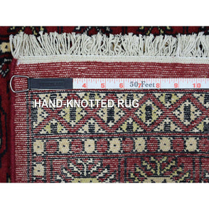 2'4"x9'8" Deep and Rich Red Soft Wool Hand Knotted Mori Bokara with Geometric Medallions Design Oriental Runner Rug FWR416712