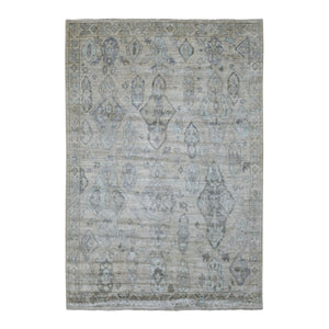 6'3"x9' Beige Angora Oushak with Geometric Leaf Design Hand Knotted Soft Afghan Wool Oriental Rug FWR417168