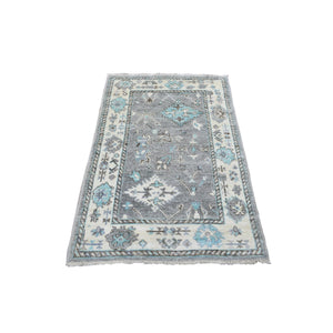 3'2"x5'2" Hand Knotted Gray with Touches of Light Blue, Afghan Angora Oushak Soft Wool Oriental Rug FWR418974