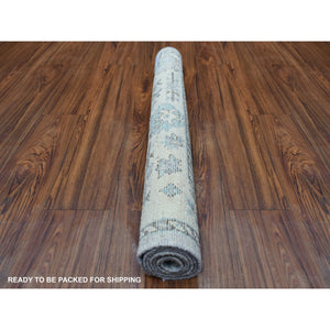 3'2"x5'2" Hand Knotted Gray with Touches of Light Blue, Afghan Angora Oushak Soft Wool Oriental Rug FWR418974
