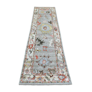 2'7"x9'8" Hand Knotted Gray Afghan Angora Oushak with Bold Color Floral Pattern Pure Wool Oriental Rug FWR420648