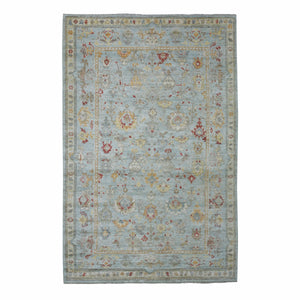 6'2"x9'5" Light Blue, Afghan Angora Oushak with All Over Floral Pattern, Hand Knotted, Natural Wool Oriental Rug FWR423096