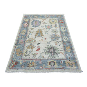 4'2"x5'10" Ivory, Afghan Angora Oushak with Large Leaf Design, Hand Knotted, Natural Wool, Oriental Rug FWR423330