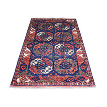 Load image into Gallery viewer, 4&#39;x5&#39;9&quot; Navy Blue Hand Knotted, Afghan Ersari with Elephant Feet Design, Natural Dyes, Soft and Shiny Wool Oriental Rug FWR424320