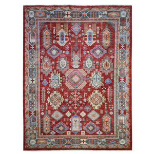 9'x12' Rich Red, Hand Knotted Afghan Ersari with Large Elements Design, Vegetable Dyes Pure Wool, Oriental Rug FWR428184