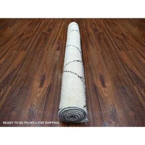 3'9"x5'6" Ivory Hand Knotted Moroccan Berber with Criss Cross Pattern Soft and Shiny Wool, Natural Dyes, Runner Oriental Rug FWR428850