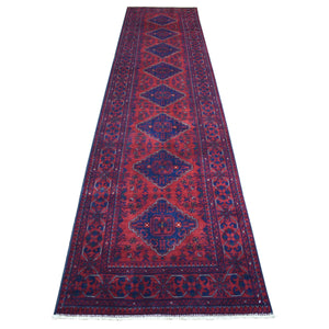 2'9"x12'10" Deep and Saturated Red, Shiny Wool Hand Knotted, Afghan Khamyab with Geometric Medallions Design, Runner Oriental Rug FWR429432