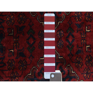 2'8"x4'1" Deep and Saturated Red, Afghan Khamyab with Double Geometric Medallions Design, Soft and Shiny Wool Hand Knotted, Oriental Rug FWR430182