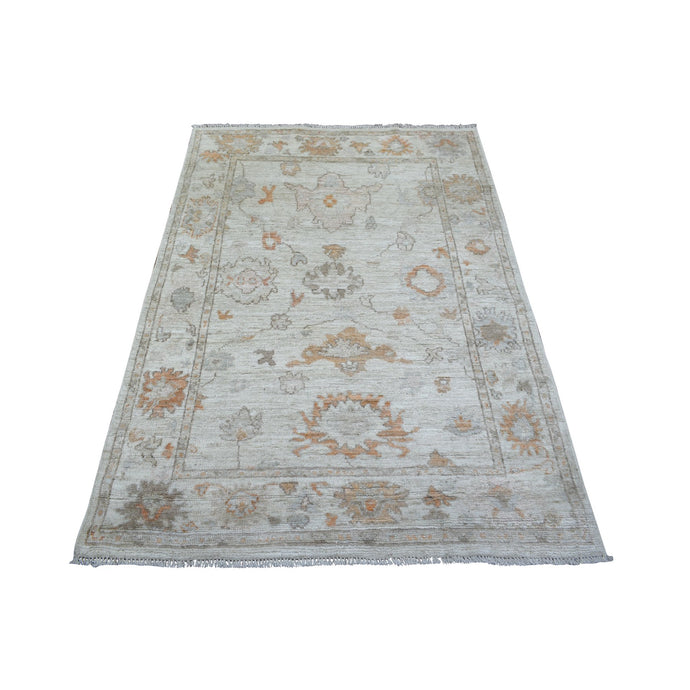 4'x5'8'' Cream Angora Oushak Large Leaf Design Natural Dyes, Afghan Wool Hand Knotted Oriental Rug FWR430542