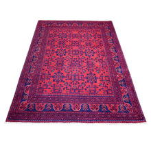 Load image into Gallery viewer, 4&#39;10&quot;x6&#39;3&quot; Deep and Saturated Red with Touches of Blue, Hand Knotted Afghan Khamyab with Geometric Design, Shiny Wool, Oriental Rug FWR430752