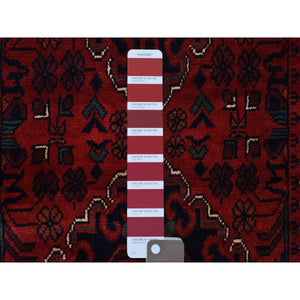 2'8"x9'4" Deep and Saturated Red with Mix of Navy Blue, Afghan Khamyab with Geometric Medallion Design, Soft and Shiny Wool Hand Knotted, Runner Oriental Rug FWR430908